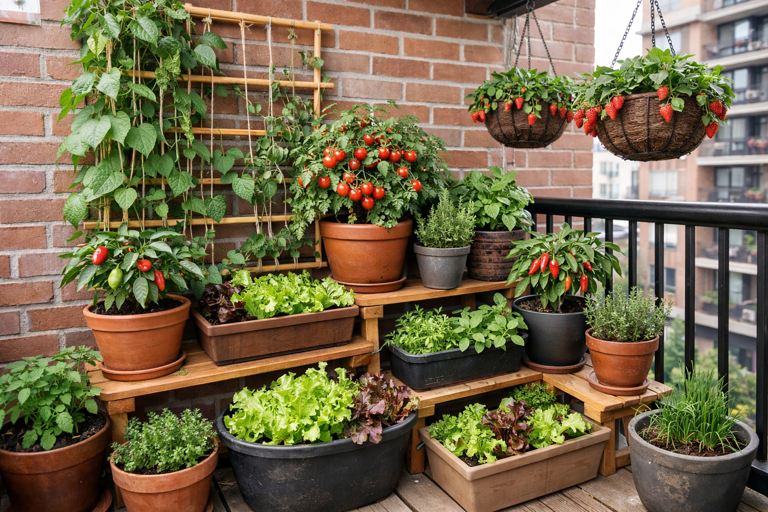 All images must be as if shot with an SLR camera Detailed () image showing diverse container garden setup on small apartment