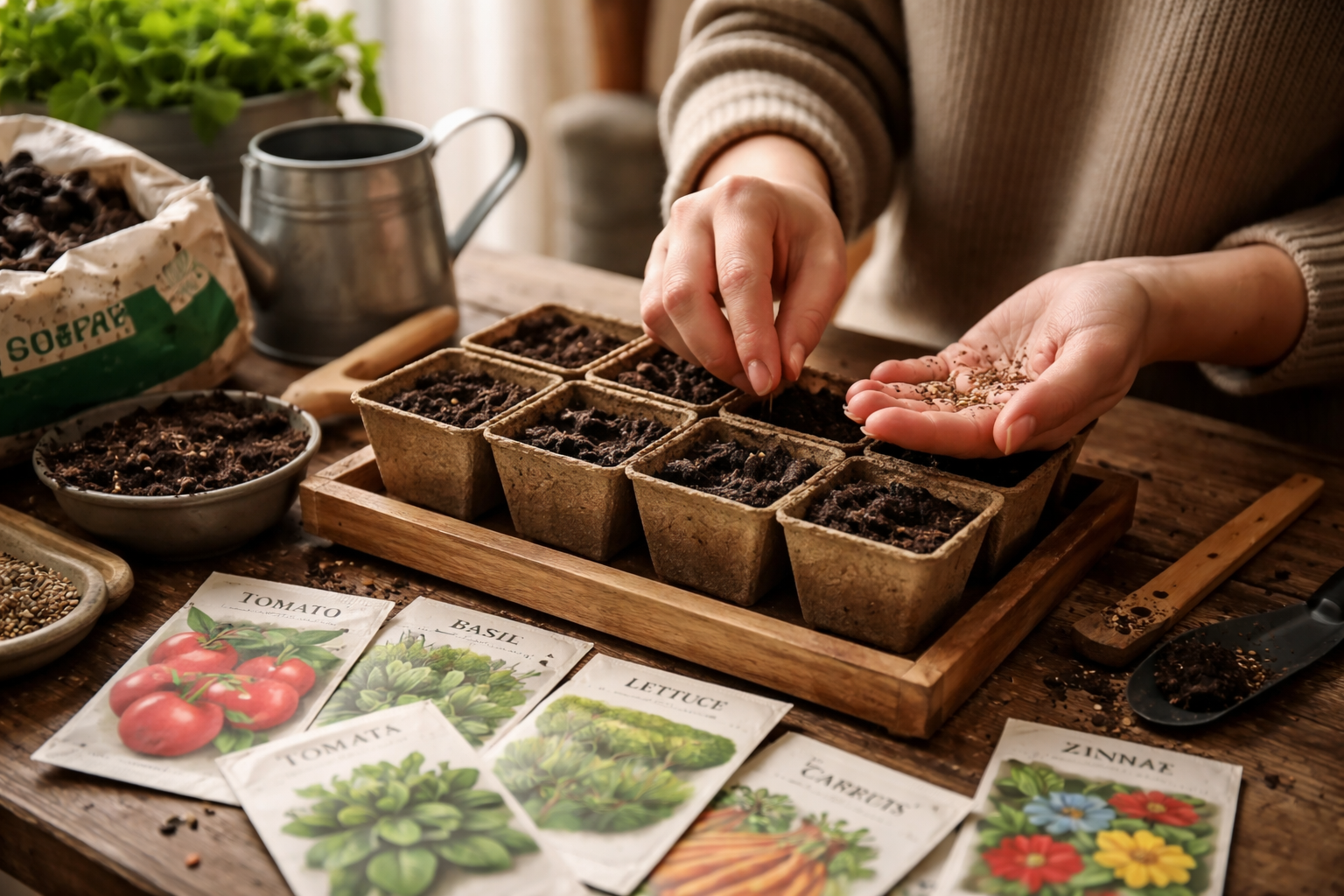 All images must be as if shot with an SLR camera Close-up () image of hands planting seeds in small containers on wooden