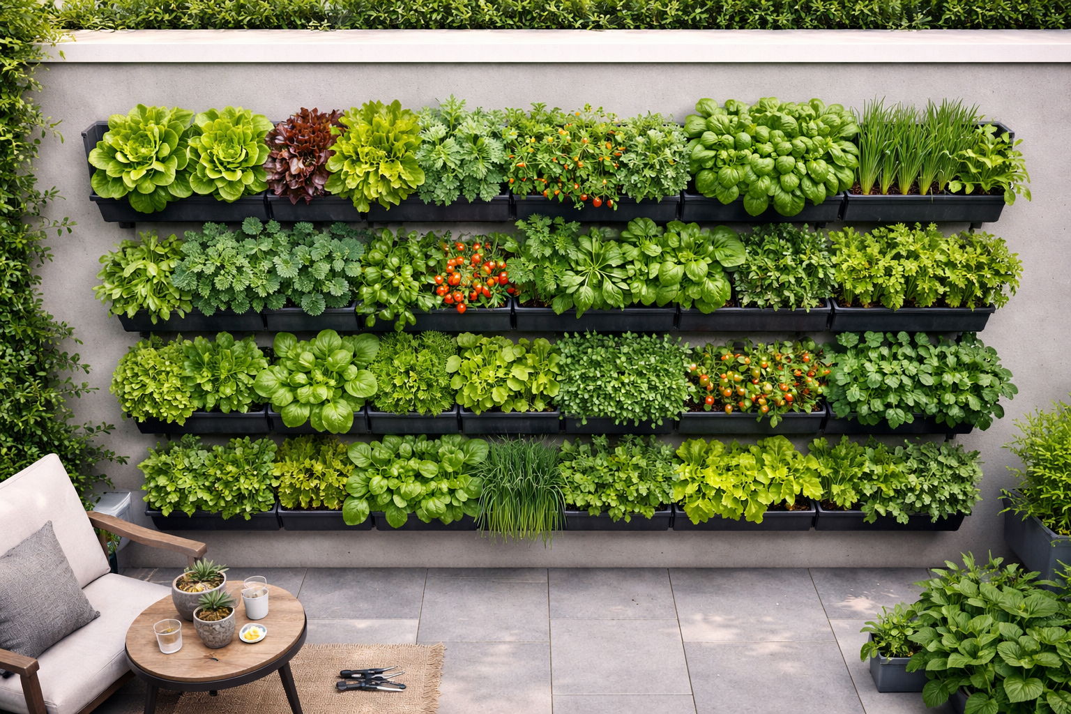 All images must be as if shot with an SLR camera () overhead view of thriving vertical garden wall system with multiple
