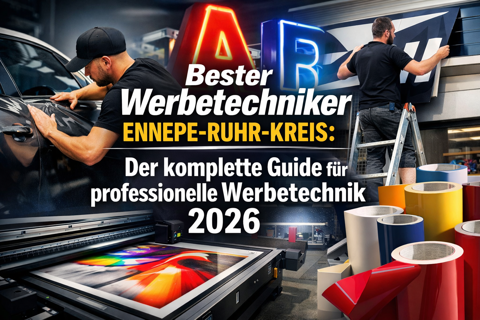 Professional hero image with bold text overlay: "Bester Werbetechniker Ennepe-Ruhr-Kreis: Der komplette Guide für professionelle Werbetechni