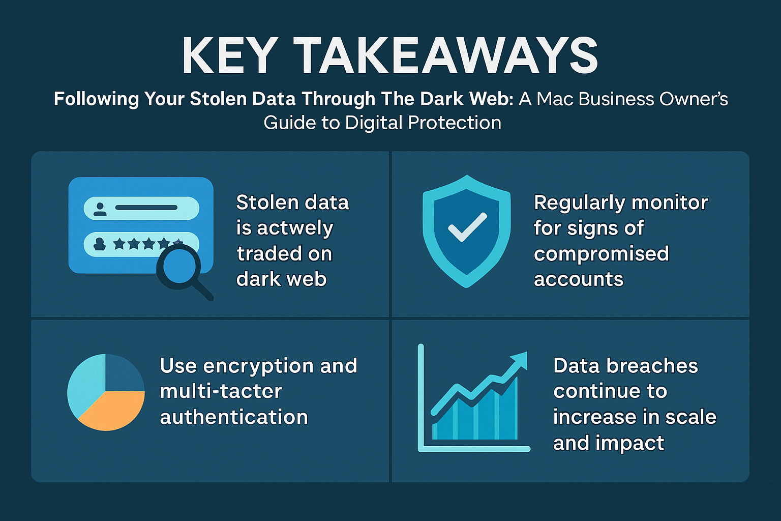Professional landscape infographic (1536x1024) for article "Following Your Stolen Data Through The Dark Web: A Mac Business Owner's Guide to