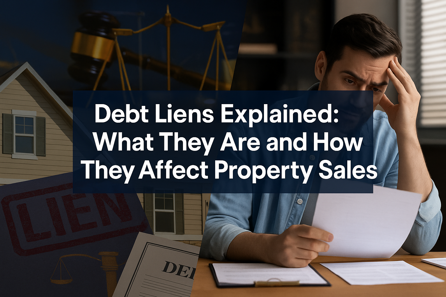Professional landscape hero image (1536x1024) featuring bold text overlay 'Debt Liens Explained: What They Are and How They Affect Property
