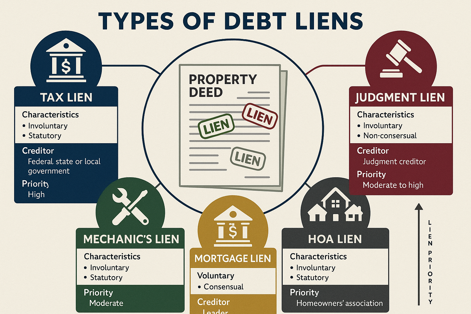 Detailed infographic illustration (1536x1024) showing five different types of debt liens arranged in circular layout with icons: tax lien (g