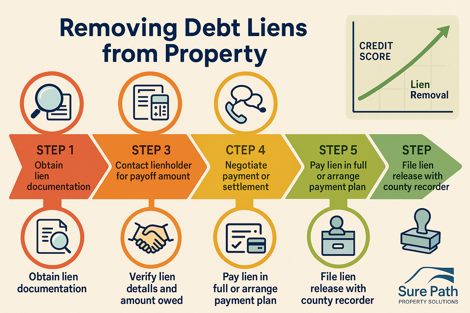 Action-oriented infographic (1536x1024) displaying step-by-step roadmap for removing debt liens from property. Visual timeline format showin