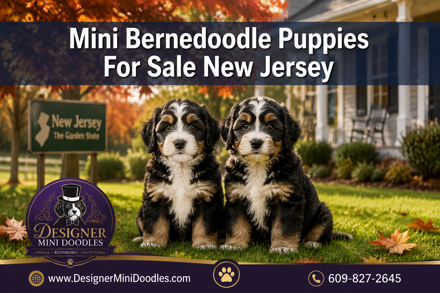 Professional () editorial hero image featuring 'Mini Bernedoodle Puppies For Sale New Jersey' in white with dark drop ,