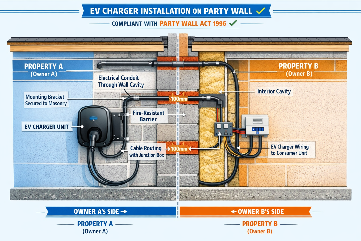 Detailed () image showing close-up cross-section diagram of shared party wall between two residential properties with EV