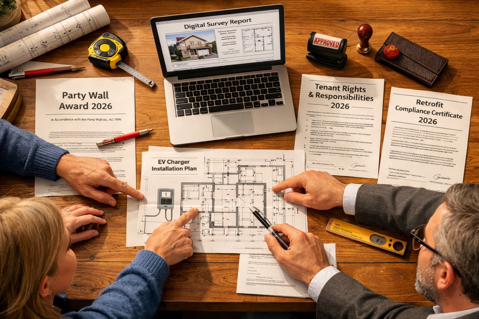 () image depicting professional party wall surveyor meeting scene with property owners at dining table covered with