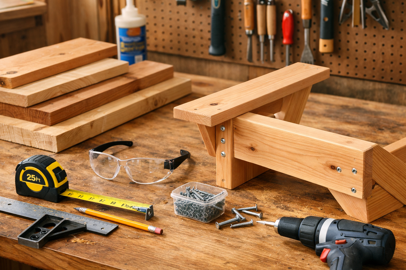 Detailed () image illustrating a workbench setup with essential hand tools and lumber laid out for an Adirondack chair