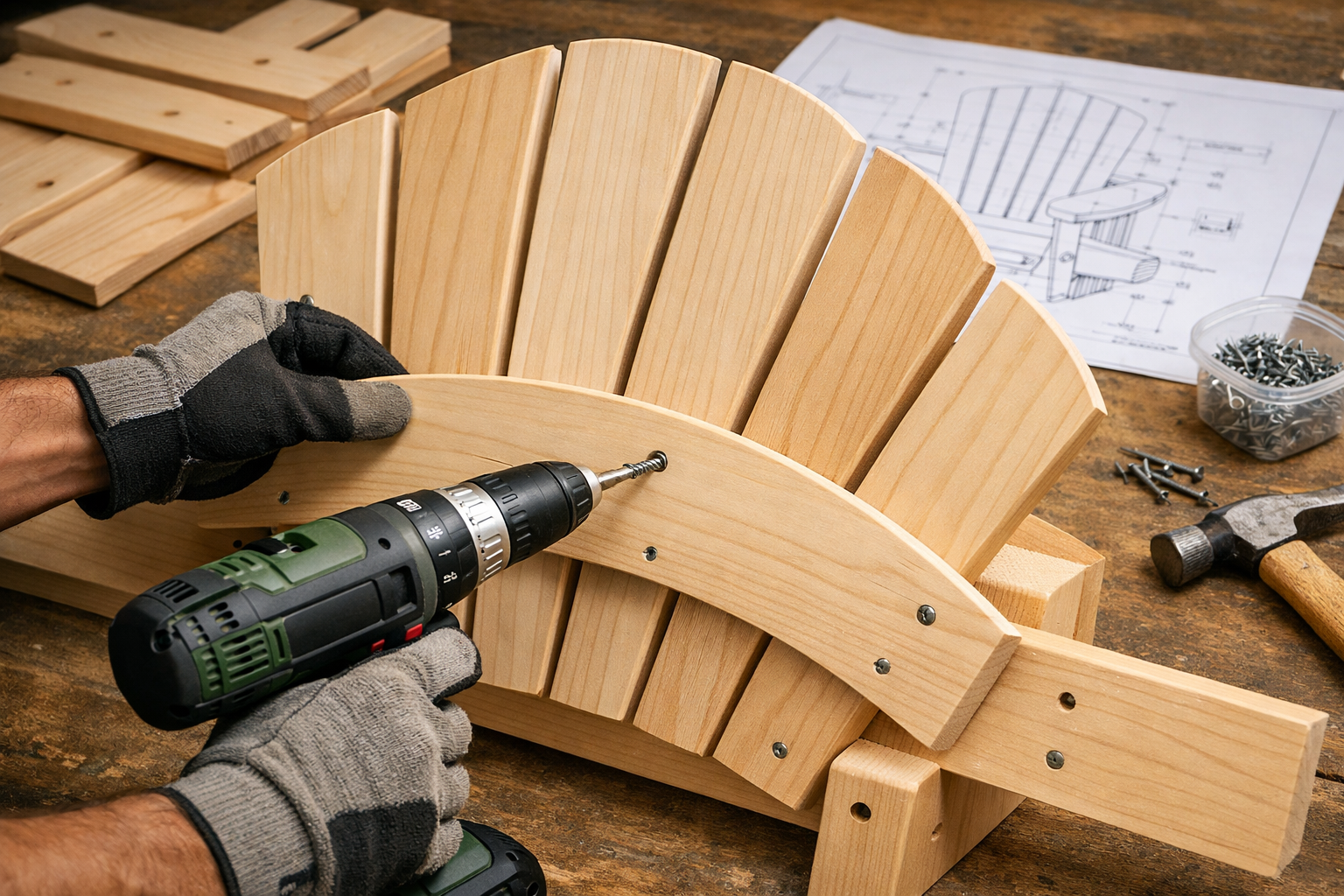 Detailed () image showcasing the assembly process of an Adirondack chair backrest, highlighting the fan-shaped slat