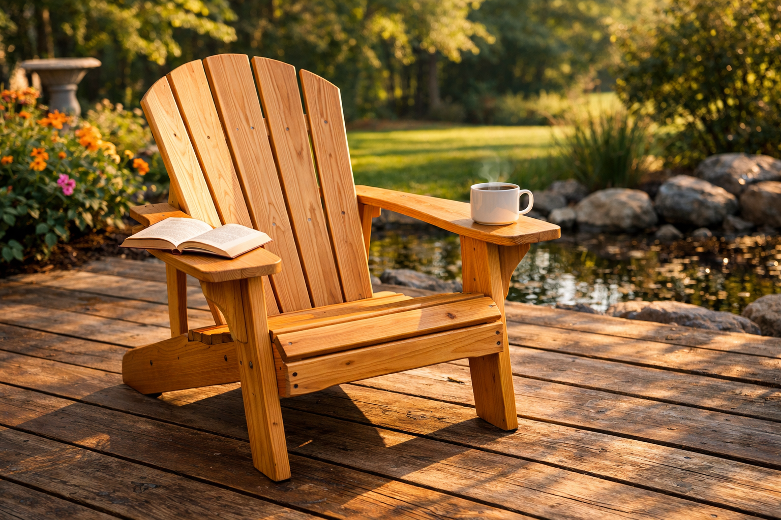Detailed () image of a finished Adirondack chair sitting proudly on a rustic wooden deck, bathed in late afternoon sunlight.