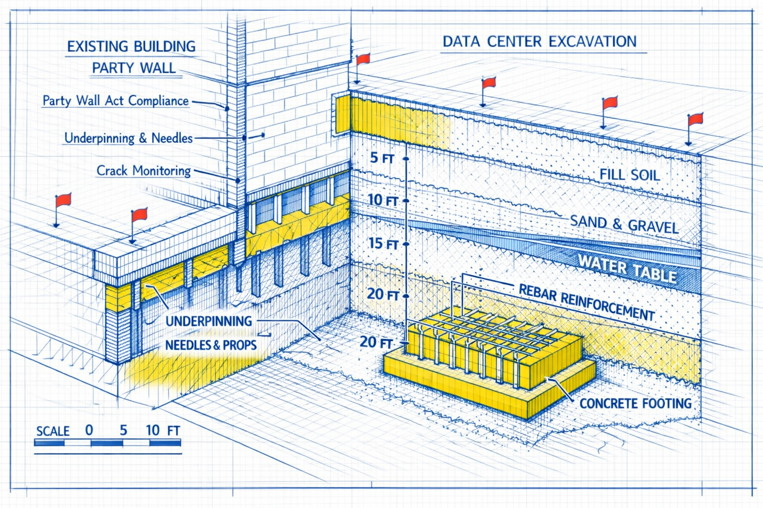 Detailed () technical illustration showing cross-section diagram of data center foundation excavation adjacent to existing