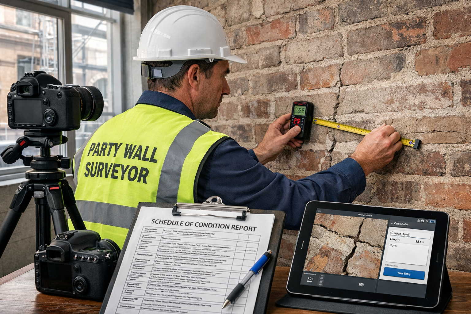 Professional () photograph of professional party wall surveyor in high-visibility vest and hard hat conducting detailed