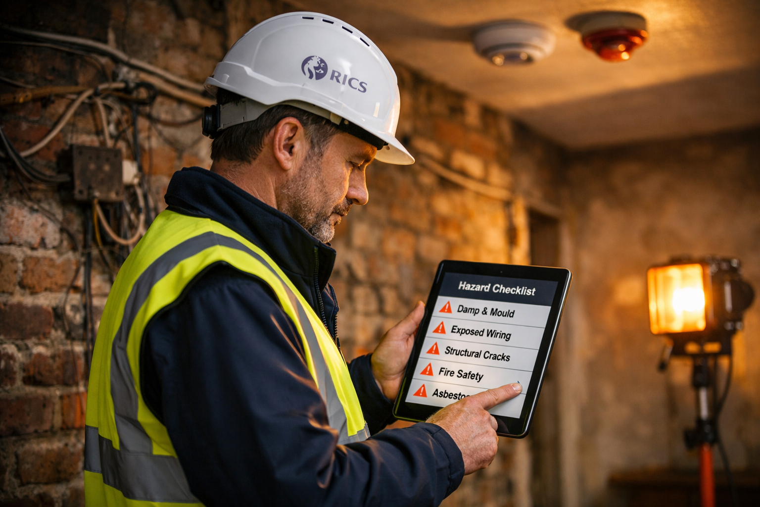 Wide-angle editorial photograph of a RICS-qualified surveyor in hard hat and hi-vis vest conducting a Level 3 building