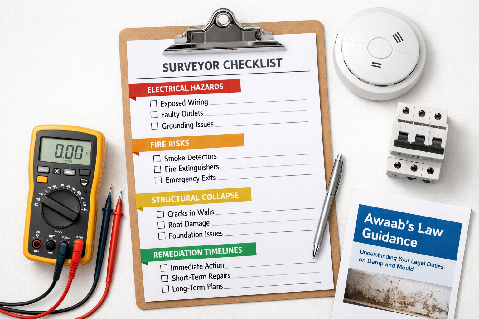 Flat-lay infographic style image showing a structured surveyor checklist on a clipboard with sections labelled 'Electrical