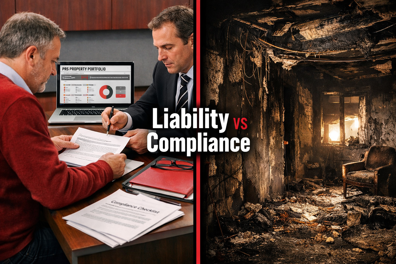 Split-screen editorial landscape image : left half shows a landlord and solicitor reviewing legal compliance documents at a