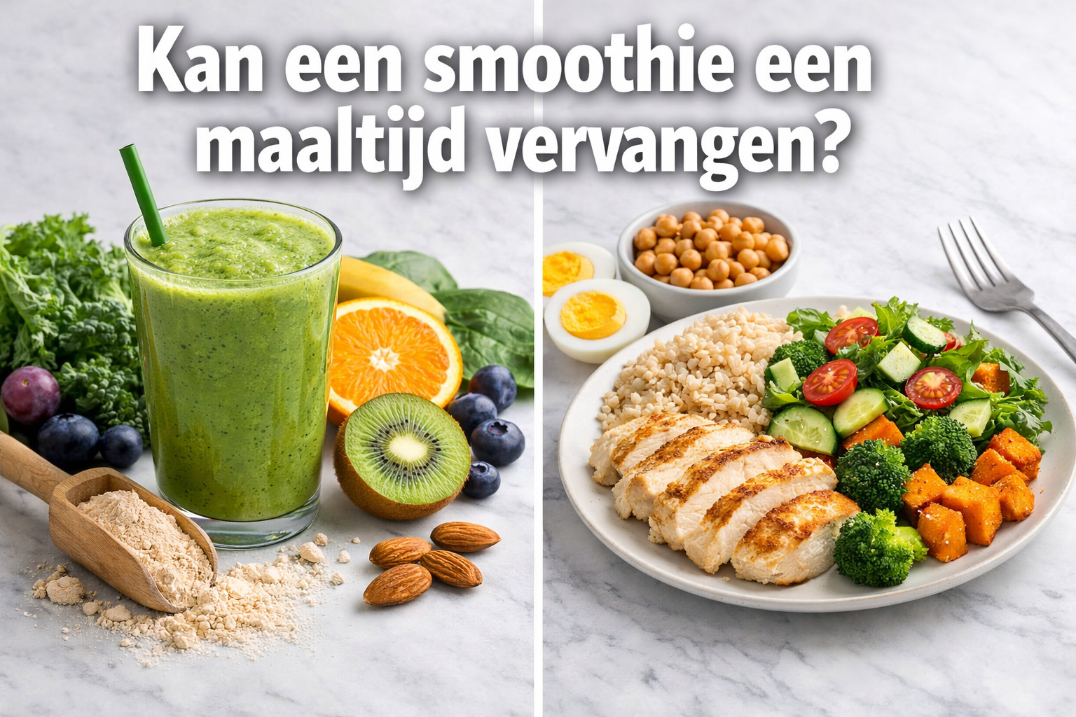 Professional landscape hero image (1536x1024) with bold text overlay 'Kan een smoothie een maaltijd vervangen?' in extra large 70pt white sa