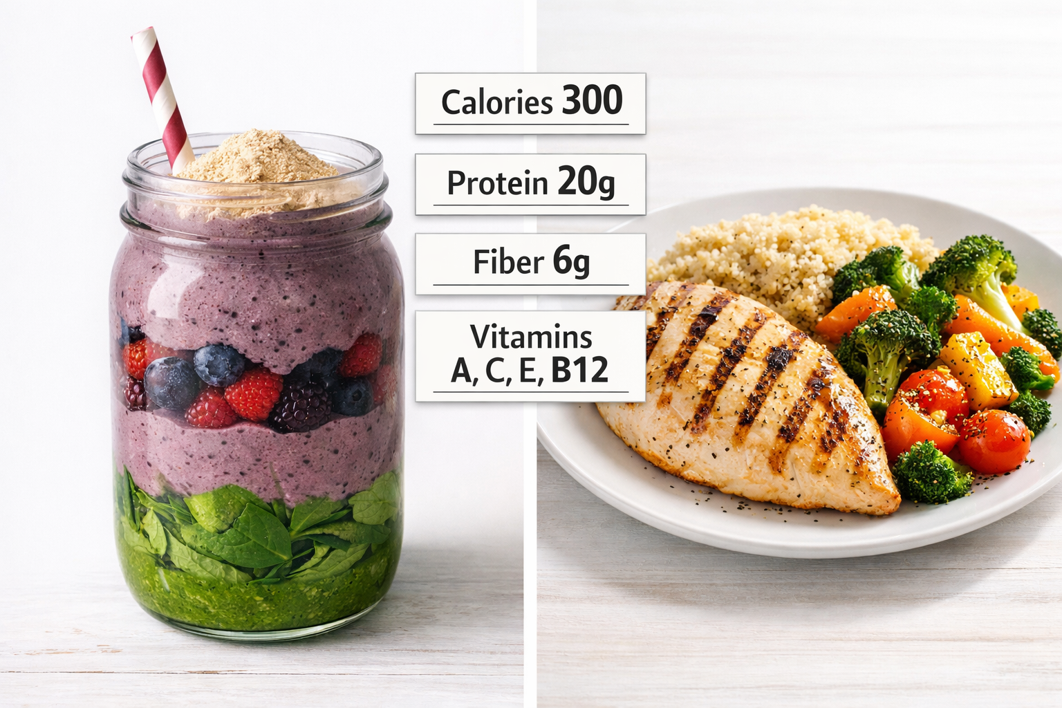 Close-up editorial photo showing nutritional comparison between smoothie and solid meal, split screen composition with mason jar smoothie on
