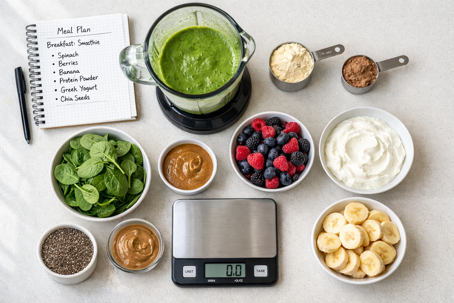 Overhead flat lay photo of meal prep scene showing blender with green smoothie, measuring cups with protein powder, bowls of fresh spinach,