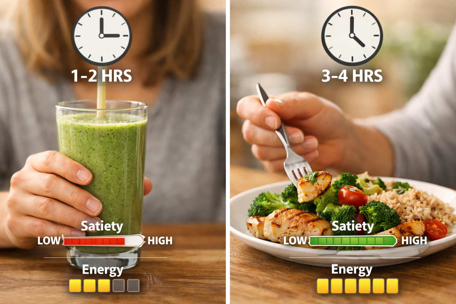 Side-by-side comparison photo showing person drinking smoothie from glass on left and eating solid meal with fork on right, focus on hands a