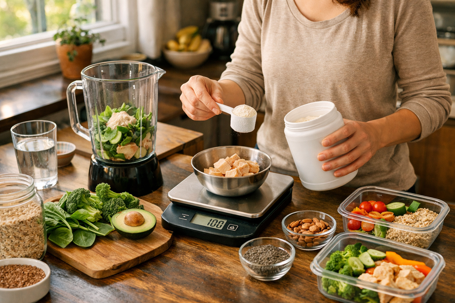 Real-life scene of person in comfortable home setting preparing balanced smoothie with visible whole ingredients: fresh vegetables, protein