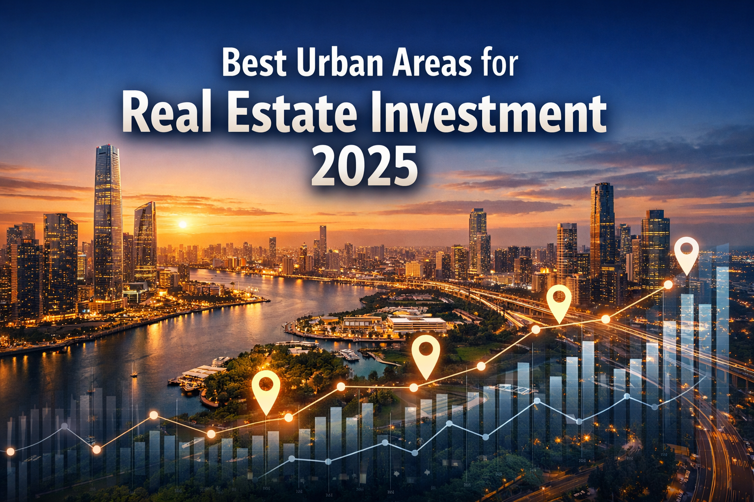 Professional landscape hero image (1536x1024) featuring bold text overlay 'Best Urban Areas for Real Estate Investment 2025' in extra large 