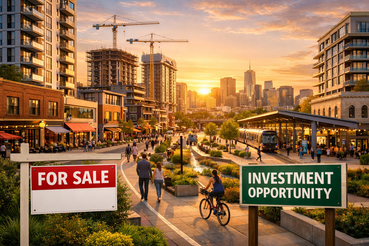 Professional landscape photograph (1536x1024) depicting thriving urban neighborhood showcasing mixed-use development with modern residential