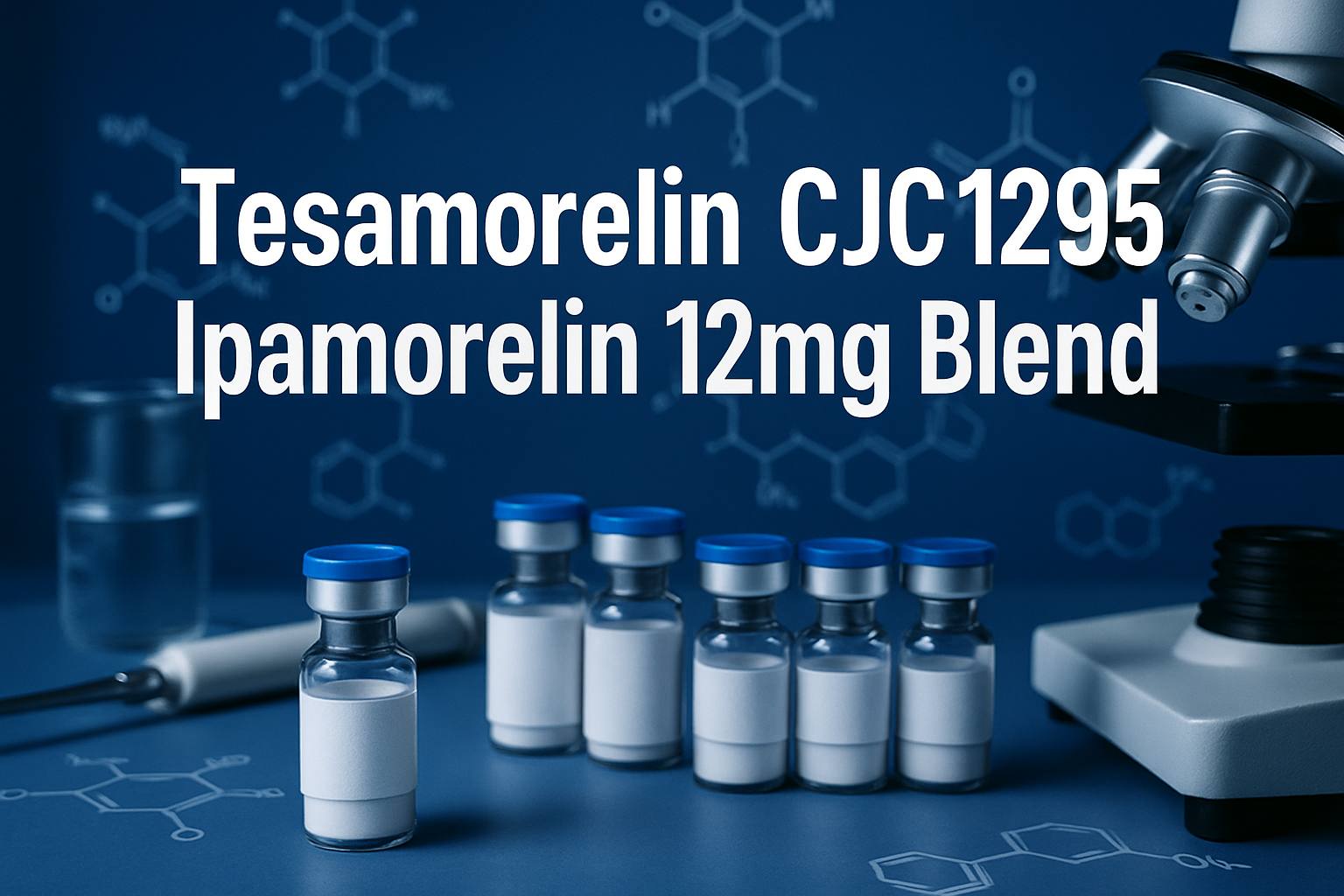 Professional landscape hero image (1536x1024) featuring bold text overlay 'Tesamorelin CJC1295 Ipamorelin 12mg Blend' in extra large 72pt wh
