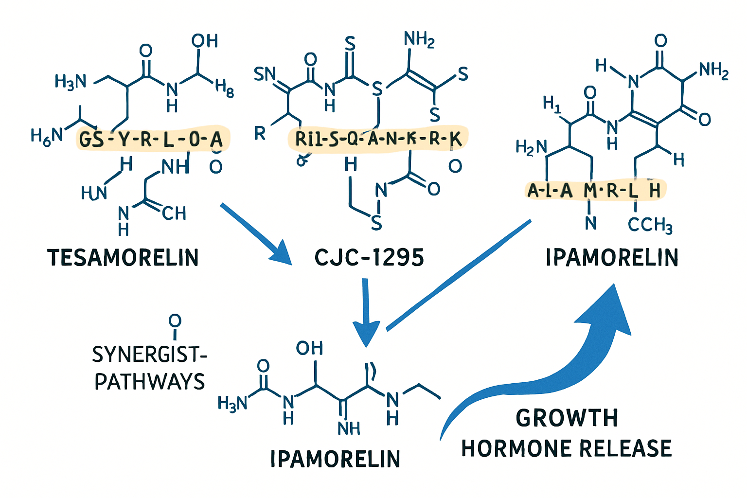 Scientific infographic showing the molecular structures of tesa, CJC-1295, and ipamorelin peptides side by side with connecting arrow