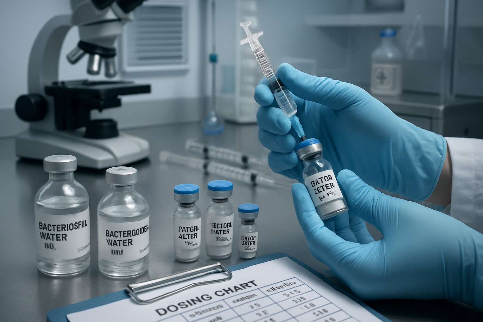 Research laboratory scene showing peptide reconstitution process with precise measurements, sterile vials containing 12mg blend, graduated s