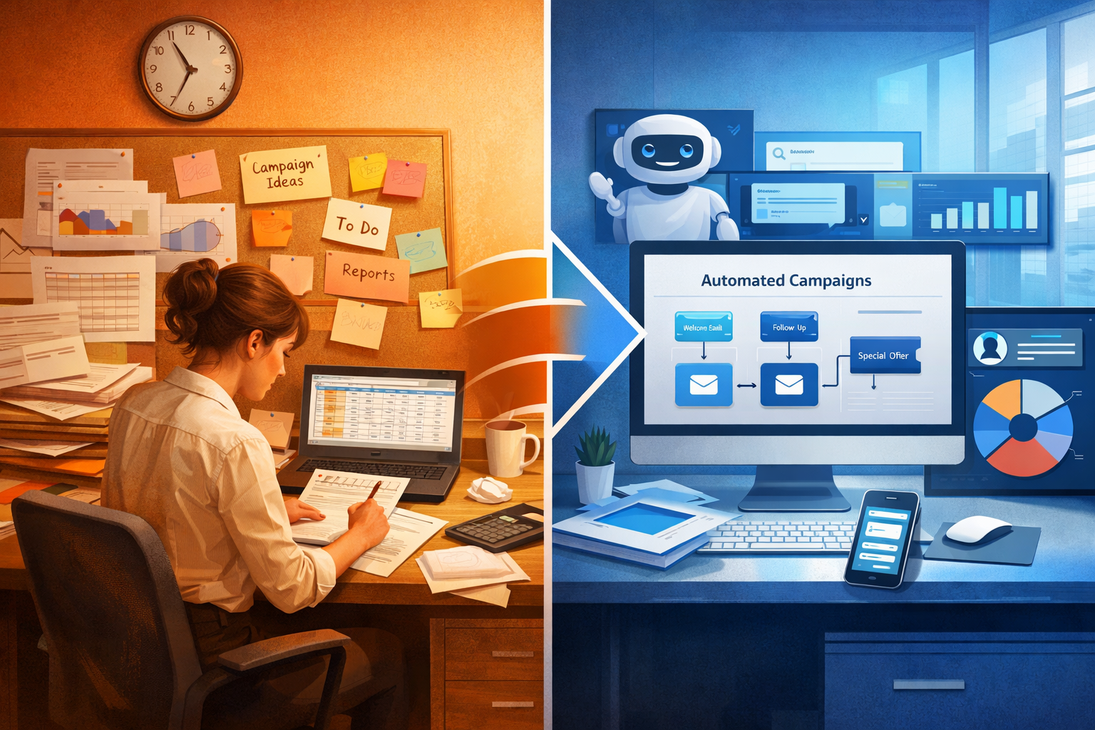 Detailed landscape format (1536x1024) image showing AI marketing automation fundamentals with split-screen composition: left side displays t - KI Marketing Automatisierung 2 Detailed landscape format (1536x1024) image showing AI marketing automation fundamentals with split-screen composition: left side displays t