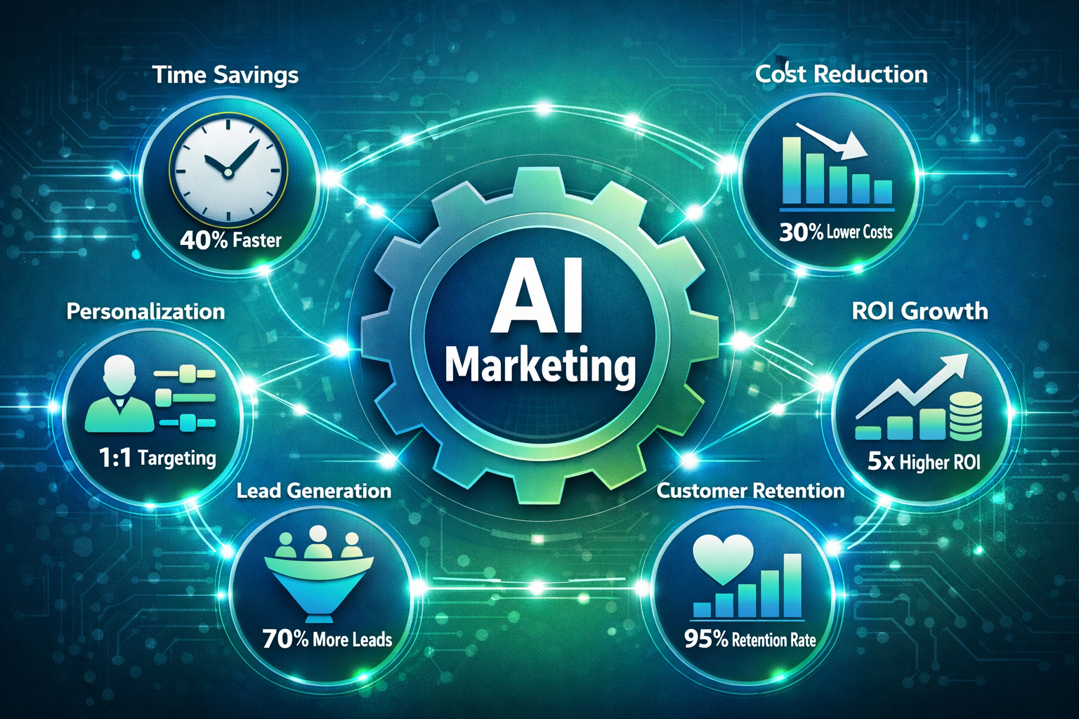 Landscape format (1536x1024) infographic-style image showcasing key benefits of AI marketing automation with circular diagram layout. Center - KI Marketing Automatisierung 4 Landscape format (1536x1024) infographic-style image showcasing key benefits of AI marketing automation with circular diagram layout. Center