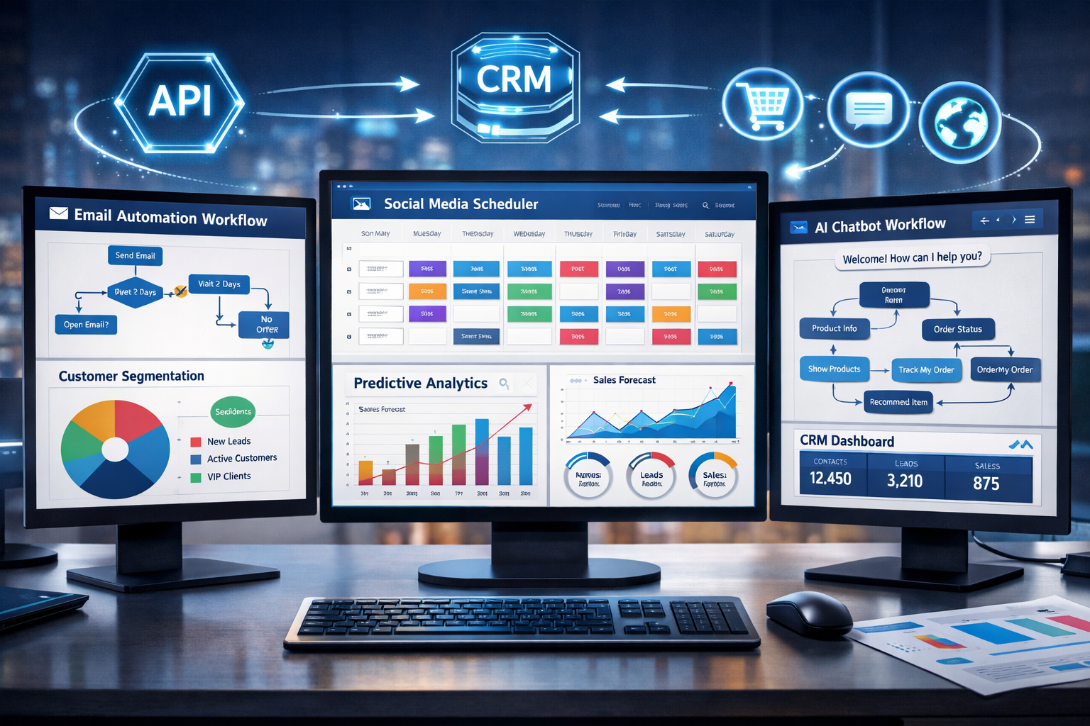 Detailed landscape format (1536x1024) image illustrating AI marketing automation tools and platforms with dashboard interface mockup. Shows - KI Marketing Automatisierung 10 Detailed landscape format (1536x1024) image illustrating AI marketing automation tools and platforms with dashboard interface mockup. Shows