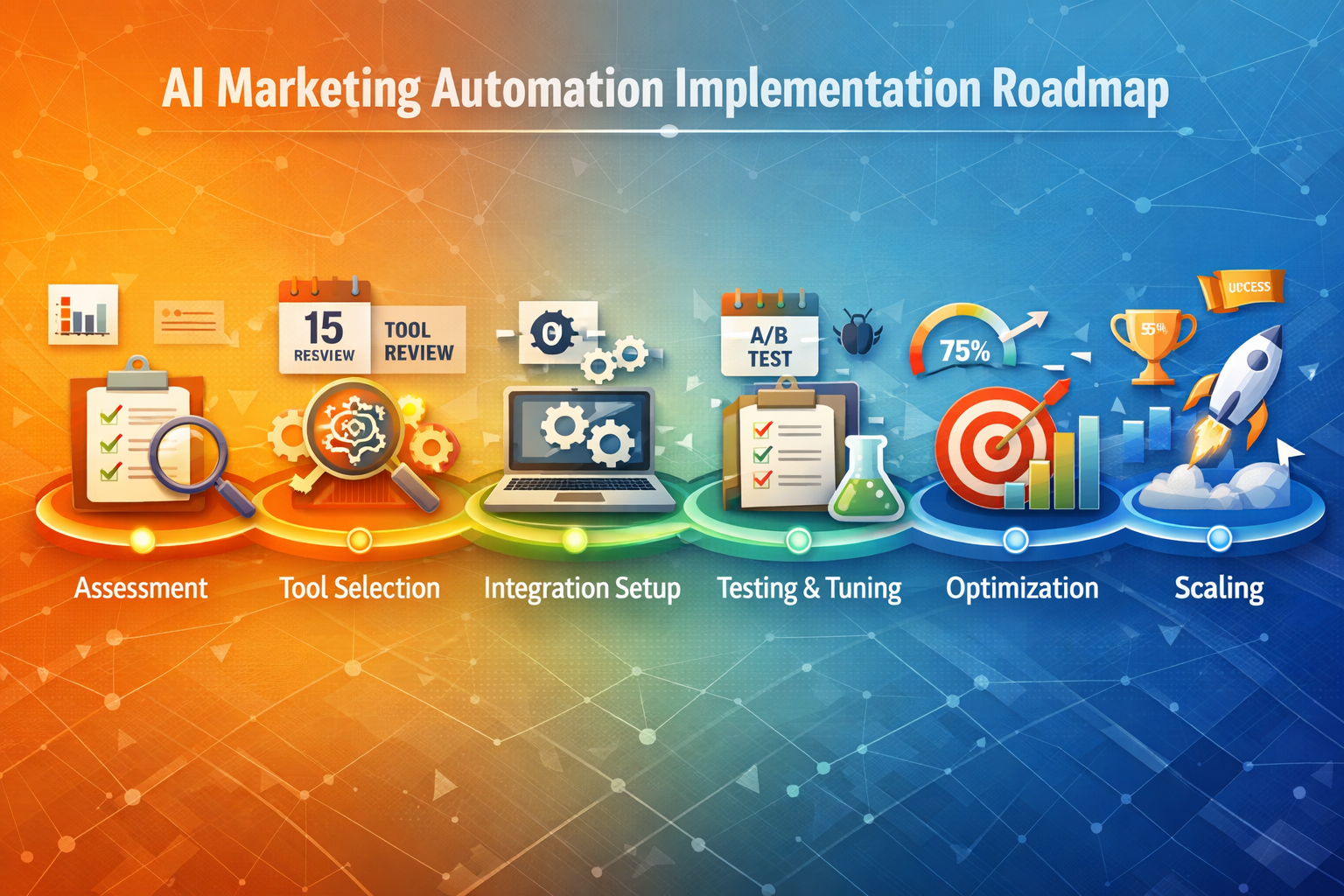 Landscape format (1536x1024) strategic implementation roadmap visualization with timeline design. Shows step-by-step AI marketing automation - KI Marketing Automatisierung 17 Landscape format (1536x1024) strategic implementation roadmap visualization with timeline design. Shows step-by-step AI marketing automation