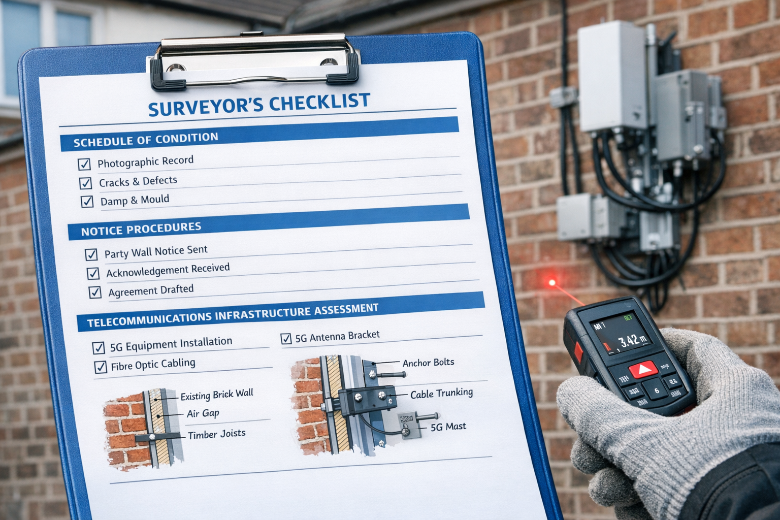 Detailed () image showing close-up of surveyor's professional checklist document on clipboard with visible sections for