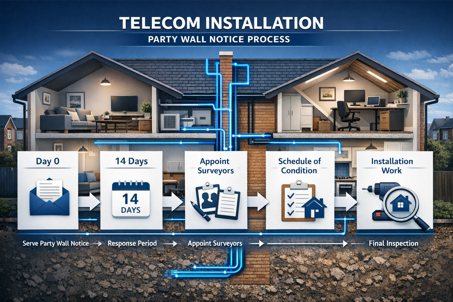 Detailed () infographic-style image displaying timeline flowchart of party wall notice procedures for telecom installations.