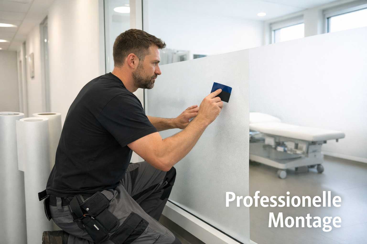 () showing a professional werbetechniker applying Praxisfenster Folie to a large glass window in a bright medical practice