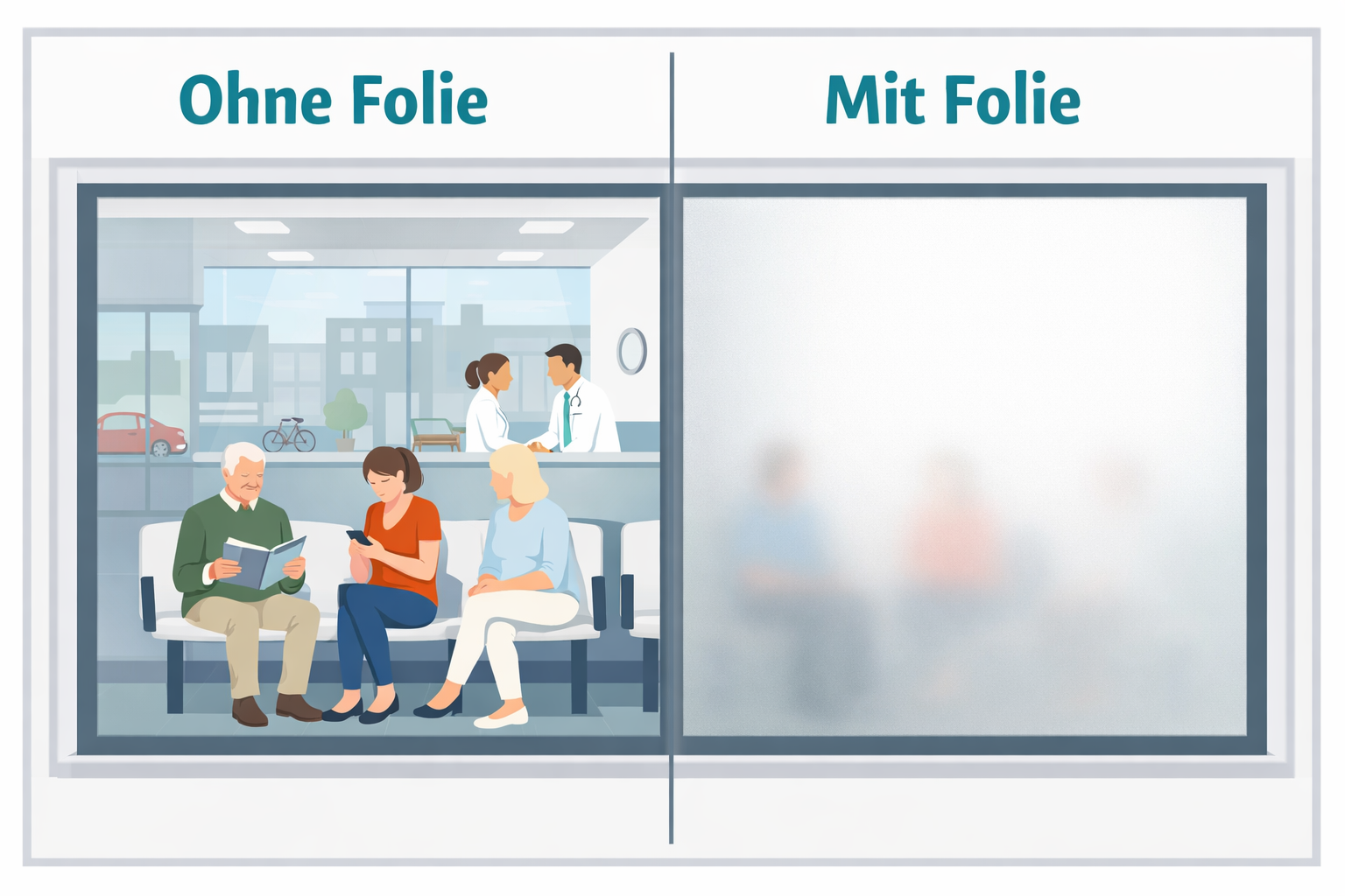 () showing a split-scene infographic: left side a medical practice window WITHOUT Folie showing full street visibility into