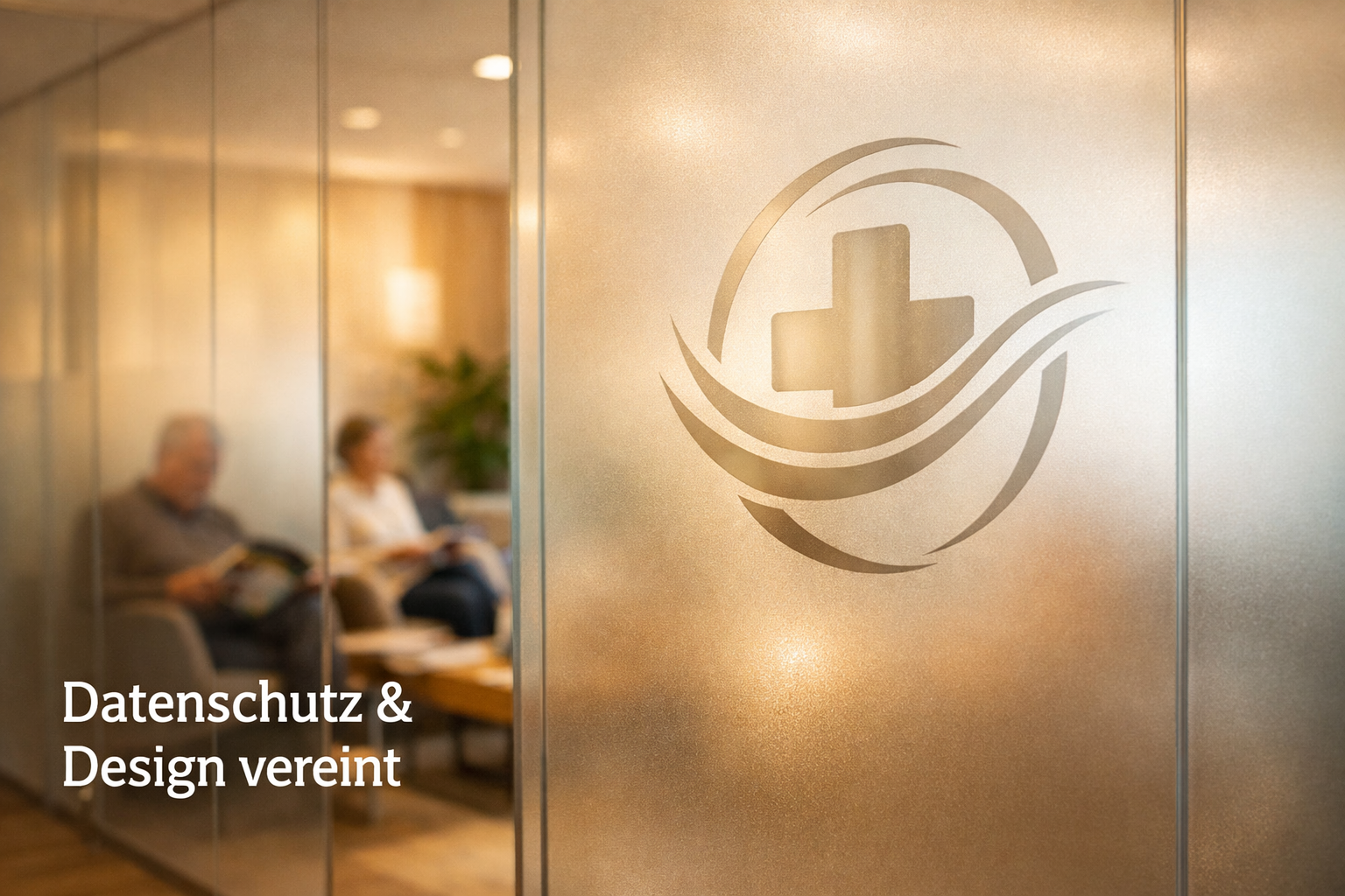 () showing a modern arztpraxis waiting room with floor-to-ceiling frosted glass panels featuring a subtle custom logo design
