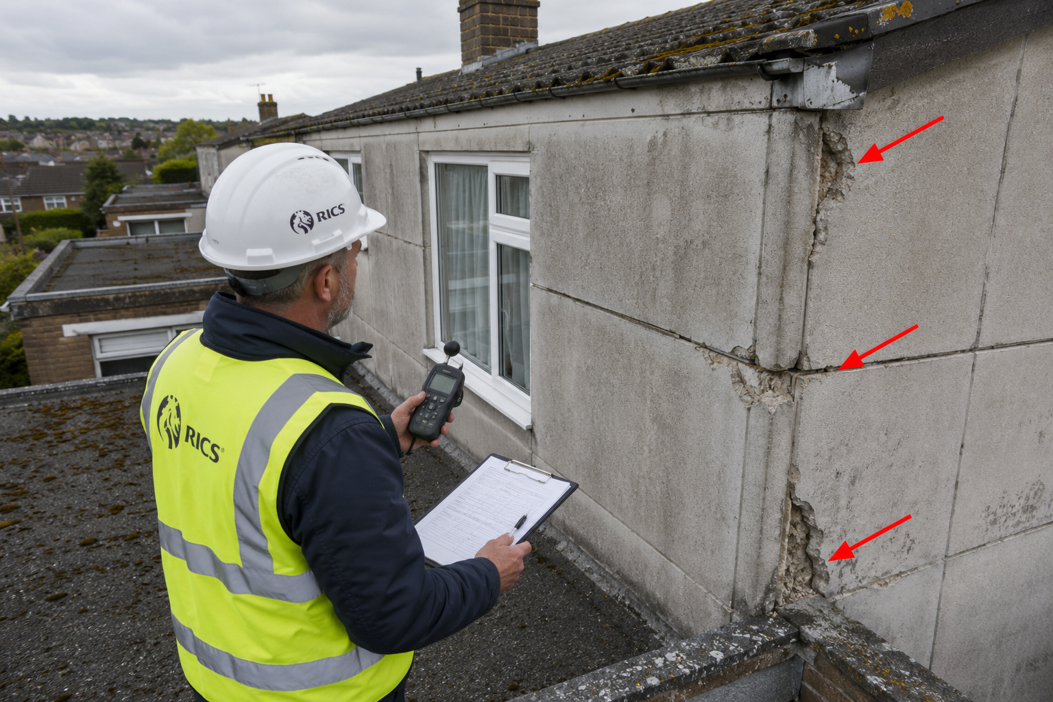 Aerial wide-angle photograph of a RICS-accredited building surveyor in high-visibility vest and hard hat inspecting the roof