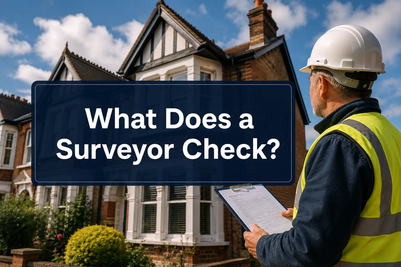 Professional () hero image with 'What Does a Surveyor Check?' in crisp white on a deep navy semi-transparent panel, centered