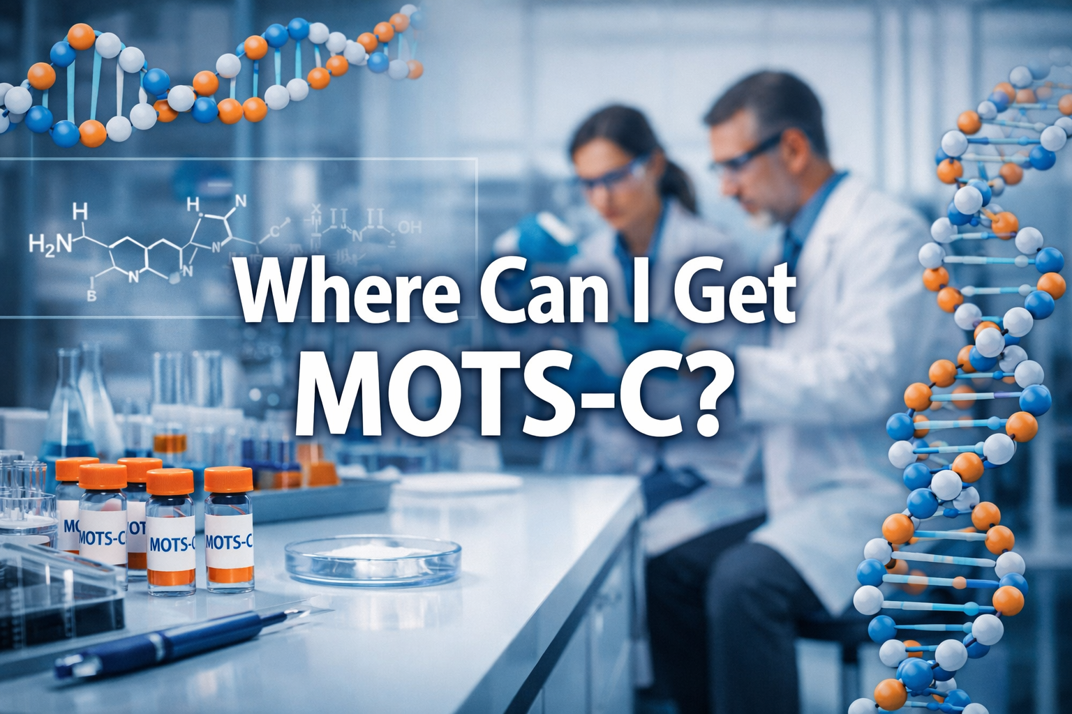 Professional laboratory landscape image (1536x1024) featuring bold text overlay 'Where Can I Get MOTS-C?' in 70pt white sans-serif font with