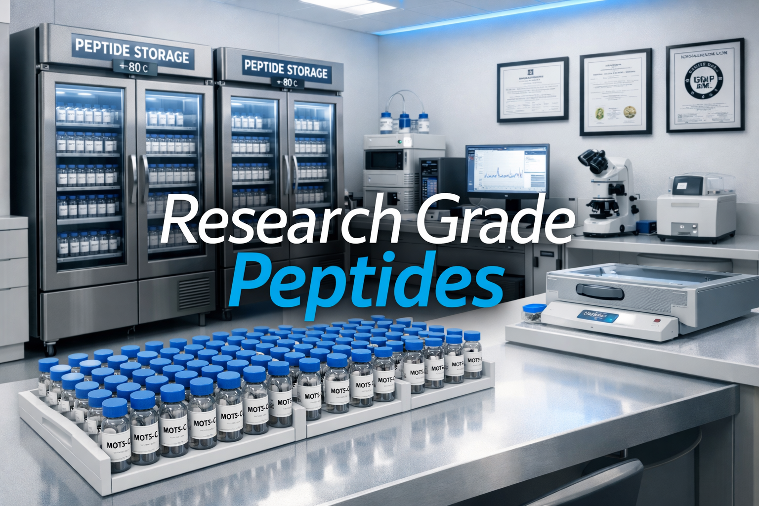 Scientific research facility interior showing peptide storage refrigeration units, labeled MOTS-C vials in organized rows, quality control t