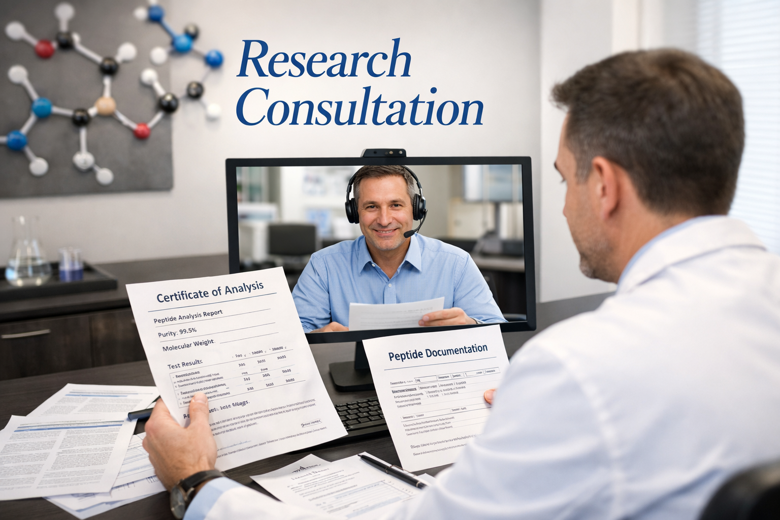 Professional consultation scene showing researcher reviewing peptide documentation and certificates of analysis with supplier representative