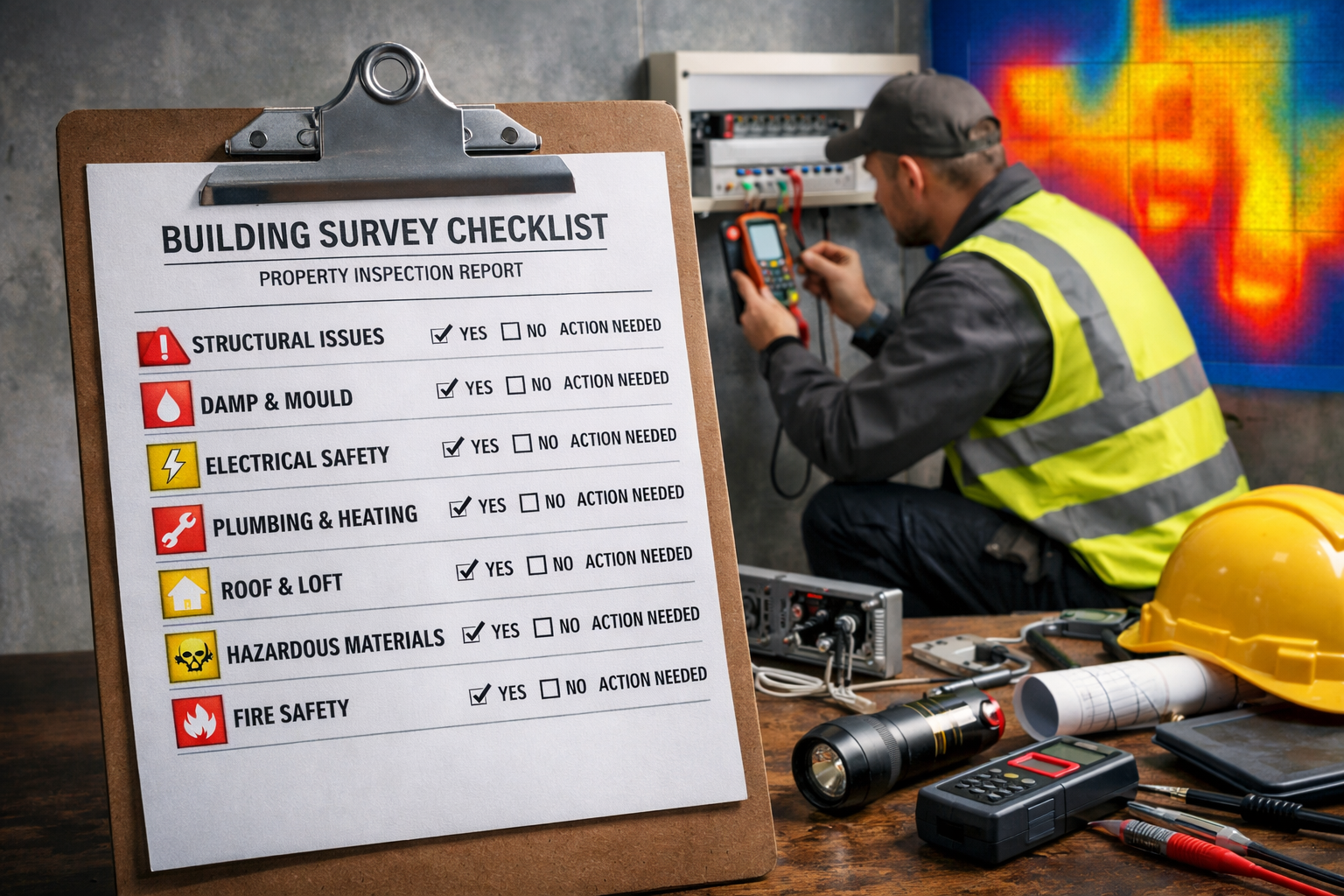 Detailed () image showing comprehensive building survey checklist on clipboard in foreground with checkboxes and hazard