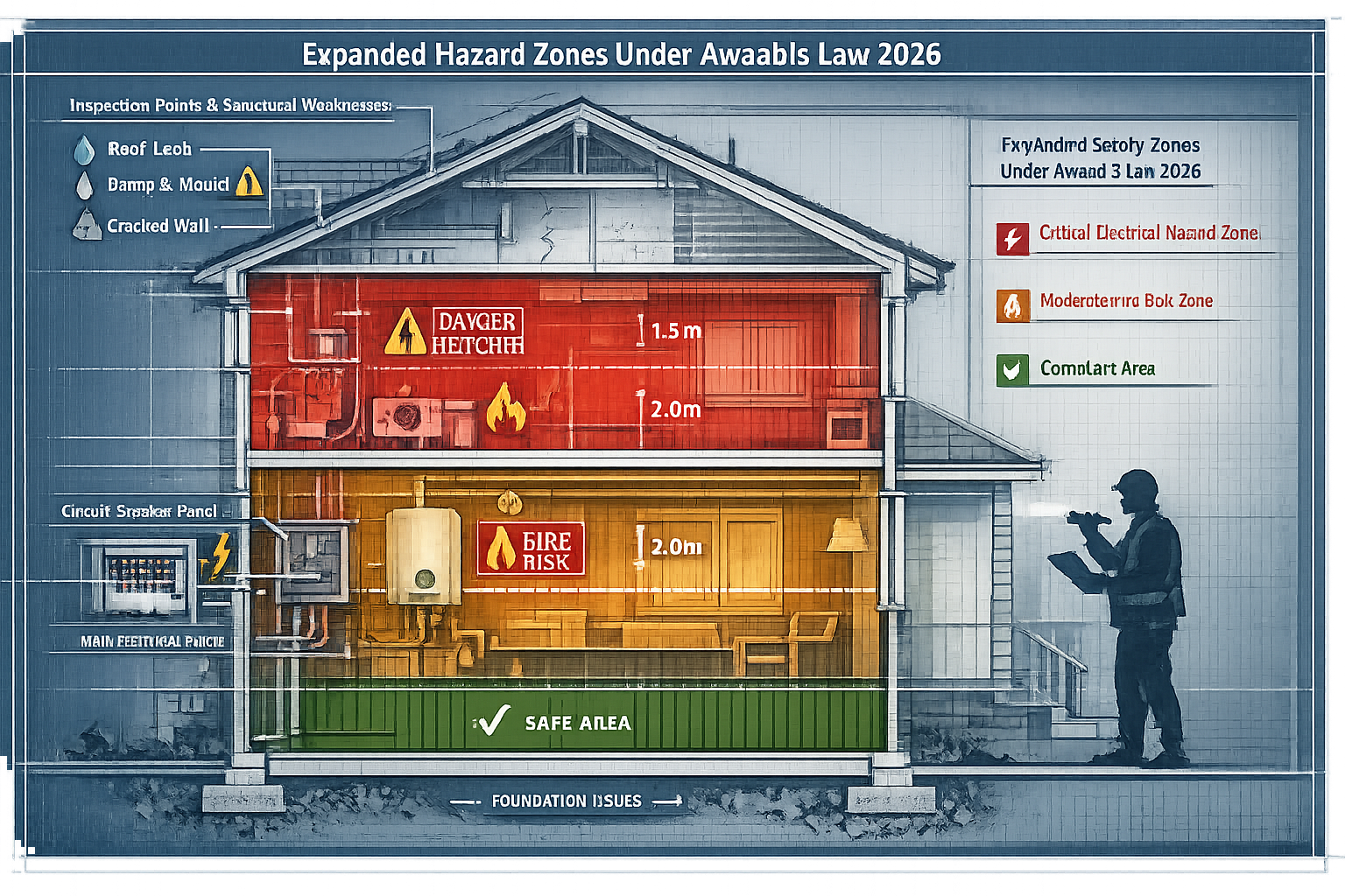 A detailed technical illustration showing expanded hazard zones in a cross-sectional residential building diagram,