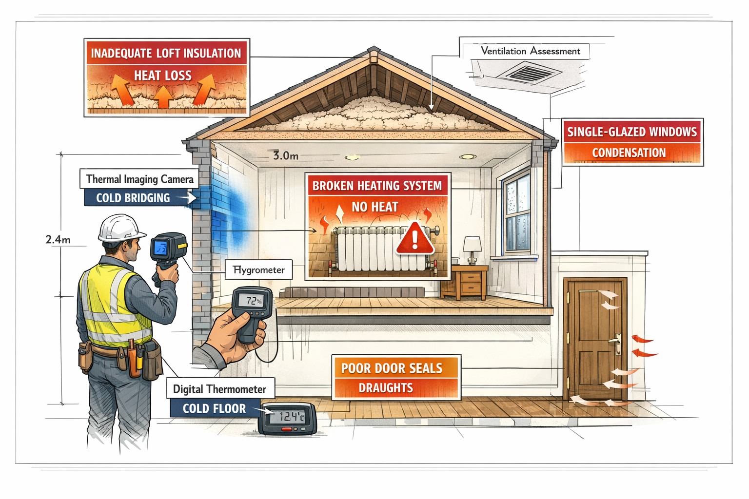 () technical illustration showing cross-section cutaway view of rental property with multiple temperature hazard assessment