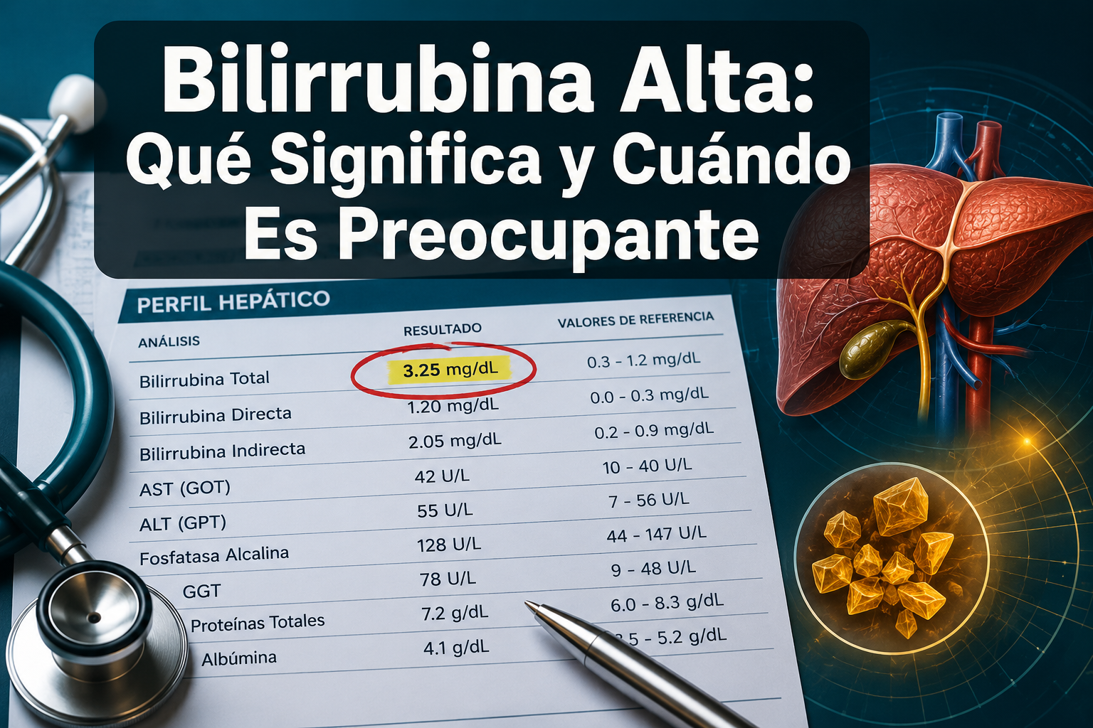 Professional () hero image with Spanish 'Bilirrubina Alta: Qué Significa y Cuándo Es Preocupante' in extra large white with