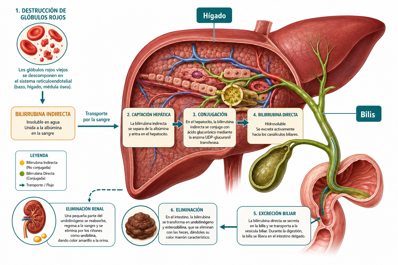 () medical infographic illustration showing a cross-section diagram of the human liver and bile ducts with Spanish labels