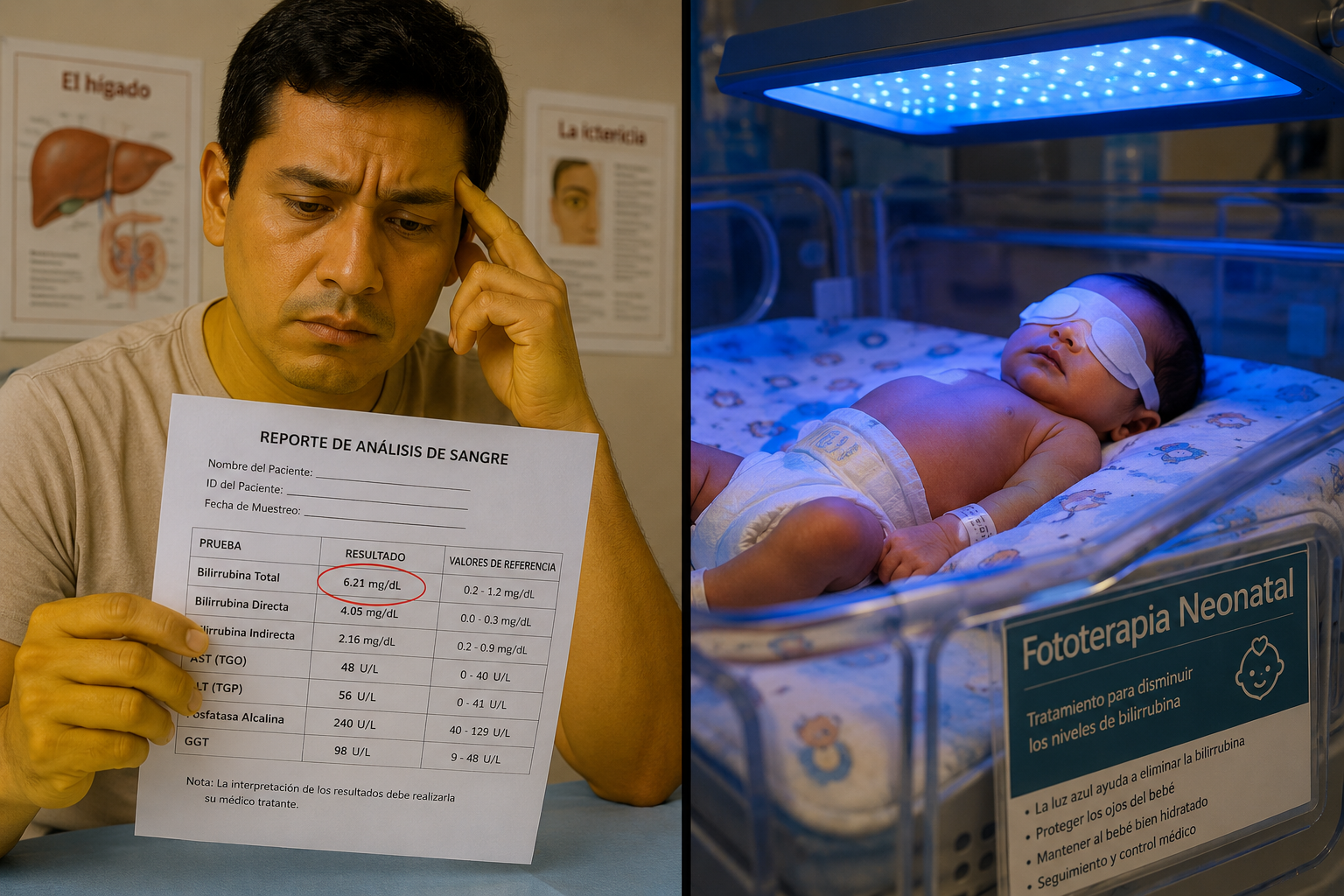 () split-screen comparison image: left side shows a worried adult patient holding a printed blood analysis report with a