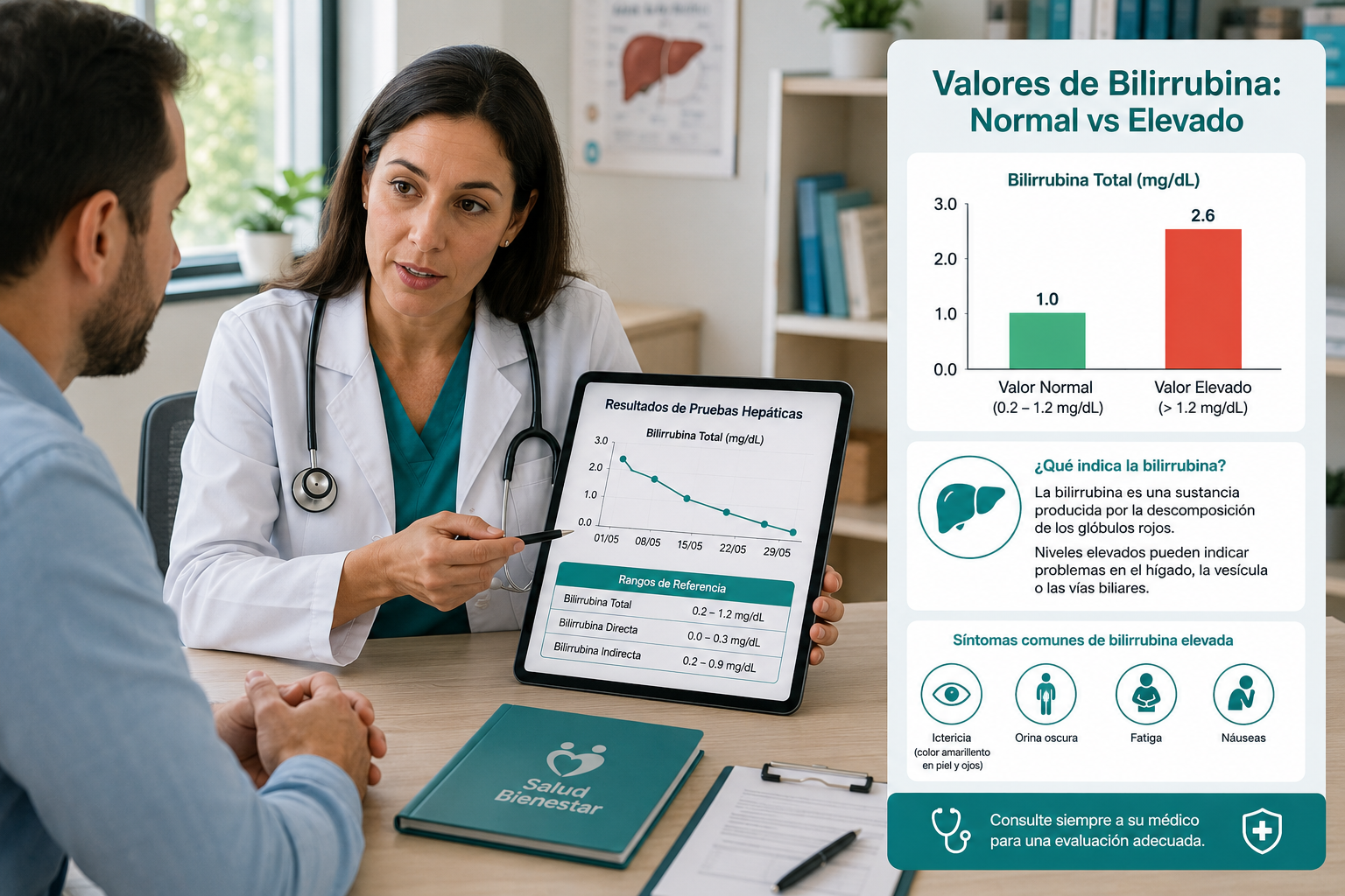 () medical consultation scene showing a doctor in white coat pointing to a tablet screen displaying a liver function test